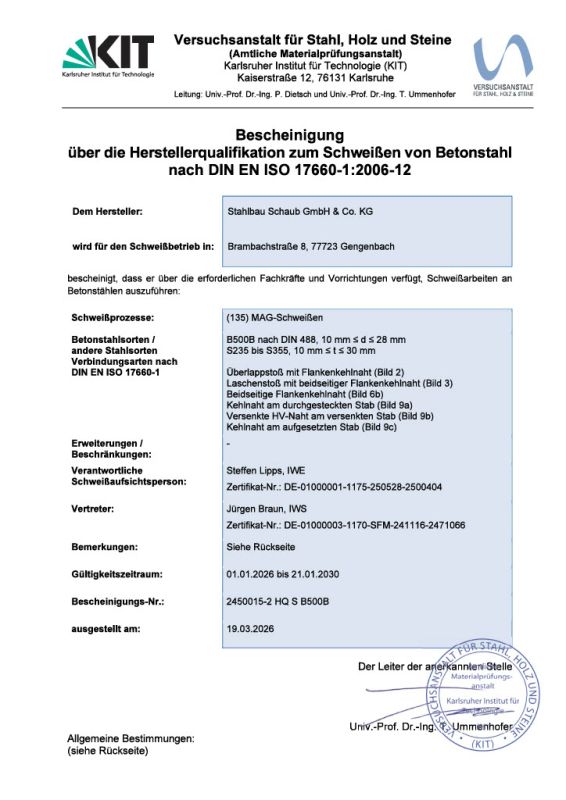 Stahlbau Schaub GmbH & Co. KG Herstellerqualifikation Betonstahl nach DIN EN ISO 17660
